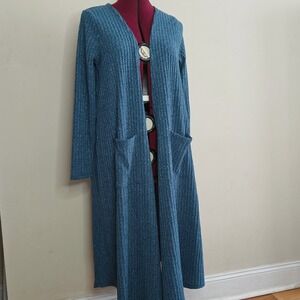 LulaRoe Cardigan Sweater Maxi Long Blue Sarah Duster Ribbed Knit Pockets Medium